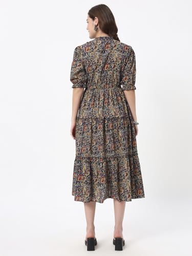 Image of PIDAVLIYA'S Women's Floral Summer Maxi Dress I Cotton Printed I One Piece Bodycon Midi Dress with V-Neck, Puffed Sleeves