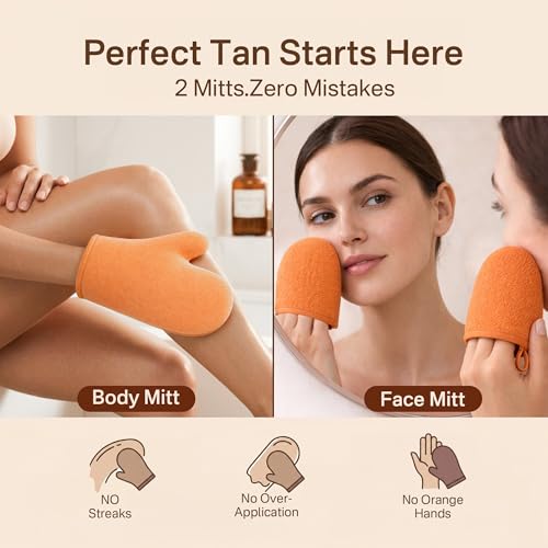 Image of Self Tanner Mitt, Self Tanning Mitt Applicator, Sunning Tanning Gloves for Self Tan Lotion, Tan Applicator Set, Streak-Free Smooth Even Finish, Self Tanner Mitt for Mousse Spray, 2 Pack