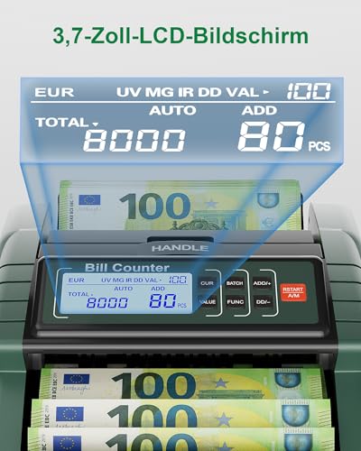 AL1000 Geldzählmaschine, UV/MG/IR/DD Falschgelderkennung, Wertzählung & Batch & Additions Funktionen, LCD-Display, 1200 Banknoten/Min., Unterstützt Mehrere Währungen, Dunkelgrün