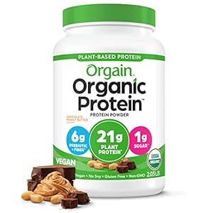 Orgain Organic Vegan Protein Powder, Chocolate Peanut Butter – 21g Plant Protein, 6g Prebiotic Fiber, Low Net Carb, No Lactose Ingredients, No Added Sugar, Non-GMO, For Shakes & Smoothies, 2.03 lb