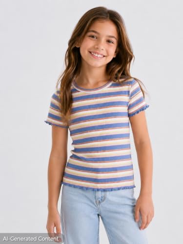 Image of Girls Striped T-Shirt Lettuce Trim Short Sleeve Top Size 6-16 | Soft stretch ribbed knit fabric, breathable blouse,summer outfit for big girls & teen, for school, party and daily activity