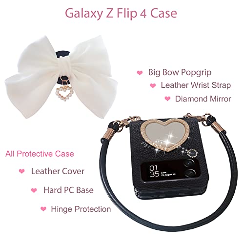 Miitoomo Cute Z Flip 4 Case With Wrist Strap And Hinge Protection, Luxury Leather Designer Zflip4 Case With Big Bow And Diamond Mirror For Samsung Galaxy Z Flip 4 2022 (White), Zflip4Case-Bowmirror #TOP6