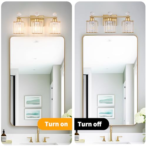 Image of Lxybcce Bathroom Vanity Light Fixture 3-Light - Vanity Lights for Bathroom with Crystal Shade Gold Metal, Easy Install No Drilling Needed, Shadow-Free Illumination for Modern Bathroom Mirror Decor