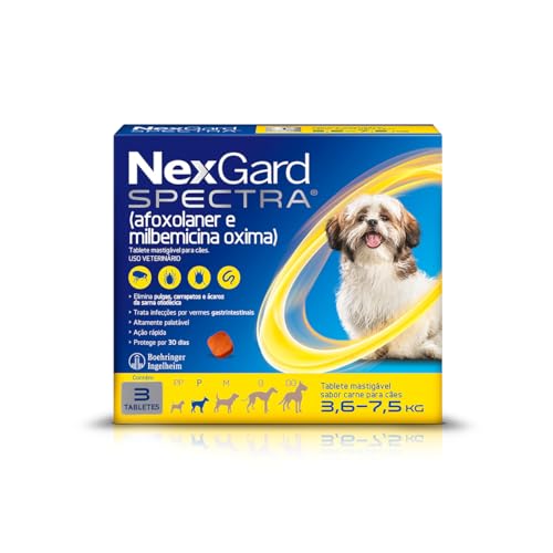 NexGard Spectra Antipulgas, Carrapatos e Vermífugos para Cães de 3,6 a 7,5kg - 3 tabletes