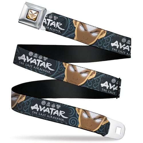 Nickelodeon Belt, Seatbelt Buckle Belt, Avatar Last Airbender Aang Face Close Up and Title Blue White, Youth 20 to 36 Inches
