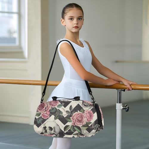 Duffle Bag for Boys or Girls with Shoes Compartment, Pink Roses Skull Sports Travel Bag Overnight3