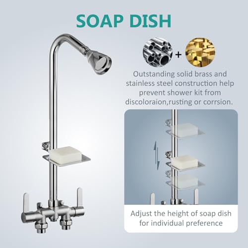 Kit de Ducha Exterior Aolemi con entradas hacia abajo, Cromo Pulido | Válvula mezcladora central de 3 pulgadas para agua caliente y fría, con dos manijas y jabonera para uso conveniente al aire libre miniatura 6