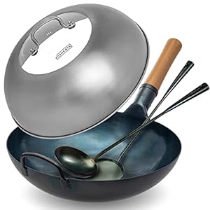 YOSUKATA Flat Bottom Wok Pan – 13.5″ Blue Carbon Steel Wok + Wok Lid 12.8 Inch -Wok Cover with Tempered Glass Insert Steam Holes + Blue Carbon Steel 17-inch Wok Spatula, Wok Ladle, 3 pairs Chopsticks