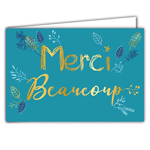 69-5128 Carte MERCI beaucoup en or doré brillant Feuilles d'arbre Branches Brindilles Couleur Bleu Canard ; Livrée avec enveloppe ; Format Carte fermée...