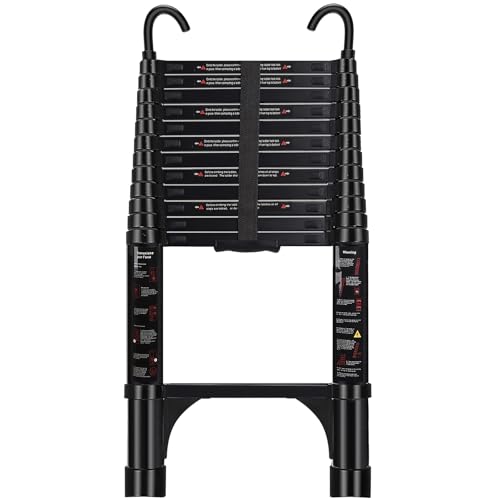 ARCHOM Telescoping Ladder 12.5 FT - Aluminum Telescopic Ladder with Hooks - Folding Extension Ladders for Home Work Loft Roof Attic RV Ladder with EN131 Certification - 330lbs Max Capacity (Black)
