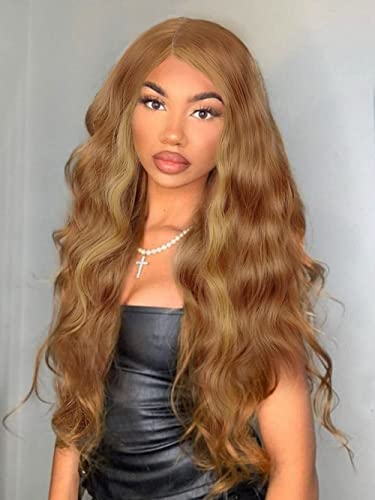 AISI HAIR Long Wavy Brown Wigs for Women Side Part Synthetic Highlight Copper Brown Mix Blonde Wig Natural Looking Full Wigs for Daily and Cosplay