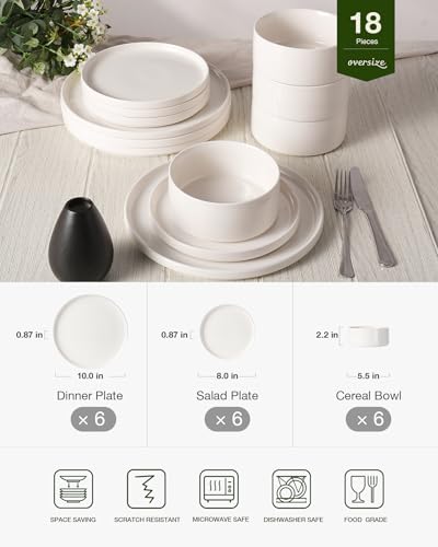 Image of Famiware Porcelain Dinnerware Set, 18-Piece Modern Plate and Bowl Set, dish set for 6, Microwave and Dishwasher Safe Tableware, White