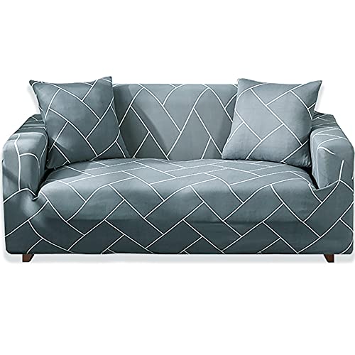 Teynewer 1-Piece Fit Stretch Sofa Cover, Sofa Slipcover Elastic Fabric Printed Pattern Chair Loveseat Couch Settee Sofa Covers Universal Fitted Furniture Cover Protector (2 Seater, #Grey Grid)