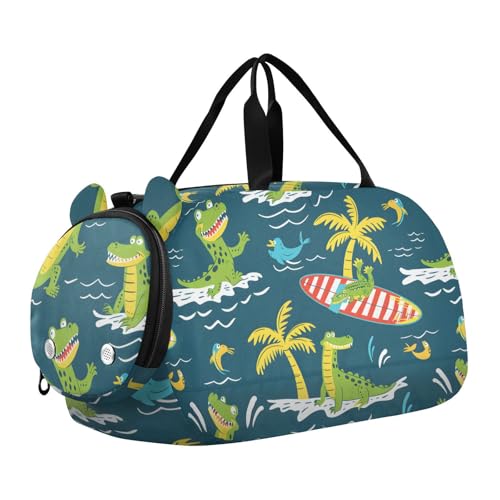 Duffle Bag for Boys or Girls with Shoes Compartment, Crocodile Surfer Sports Travel Bag Overnight