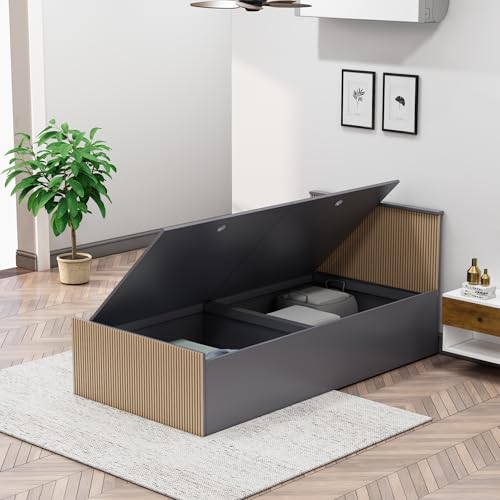 Image of Bniture Modern Single Size Bed with Storage Box | Engineered Wood Bed 3D Textured Panels | Dual Tone Cupboard for Bedroom | Wooden Bed Single Beds Storage (Grey & Giant Wood, Single)