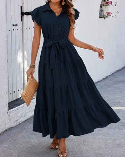 dowerme Women's Summer Casual Dresses 2025 Cap Ruffle Sleeve V Neck Button Belted Tiered Boho Maxi Dress with Pockets(Navy,Large) — view 6