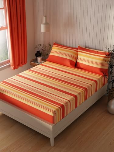 Image of KOPA Extra Smooth Cotton Double Bedsheet with 2 Pillow Covers -3pc Set (Lopez) | Extra Smooth Cotton | 1 Double Bedsheet with 2 King Size Pillow Covers Stripe-Brick /Beige