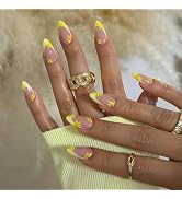 Tyuimhx Yellow Flowers Press on Nails Medium Almond Fake Nails French Tip False Nails With Yellow...