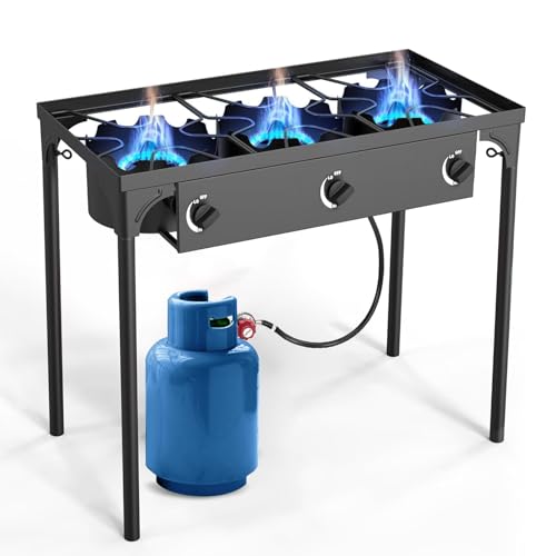 3 Burner Propane Stove, 225,000BTU Outdoor Gas Stove with 0-20 PSI Adjustable Regulator and 4ft Hose, Propane Burners for Outdoor Cooking Patio Backyard Camping with Detachable Stand Legs