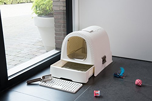 Curver petlife Katzentoilette mit Deckel, Katzenklo inklusive Schaufel, moderne Rattangeflecht-Optik, weiß, 51,5 x 38,5 x 40 cm