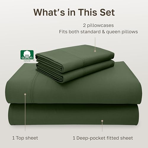 Image of California Design Den 100% Cotton Sheets Queen Size Set - Luxury 600 Thread Count Sateen, Queen Cotton Sheets with Deep Pockets - Dark Olive Green