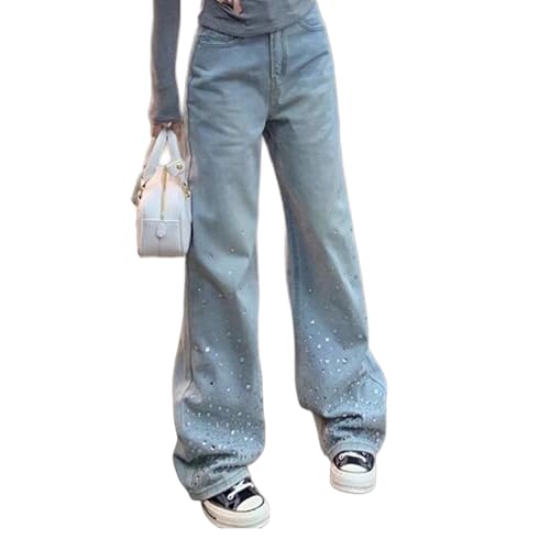 Rhinestone Jeans Men Shiny Y2k Baggy Jeans Men Parachute Washed Wide Leg Denim Pants Streetwear