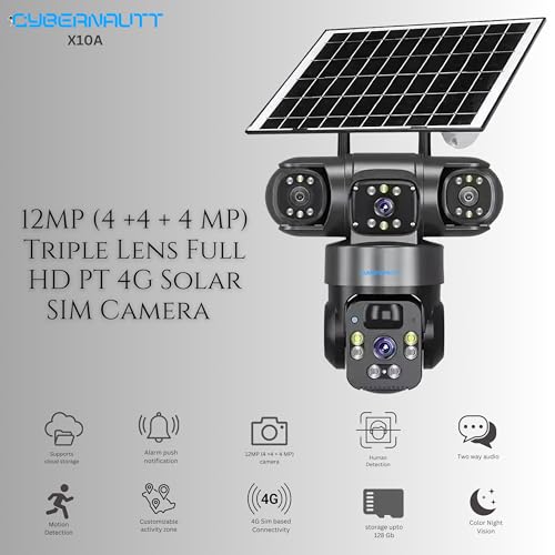 Image of XUGA - Cybernautt X10A 12MP 3 Lens PTZ DUAL Solar 4G Sim Wireless Outdoor CCTV Camera with Three Side View | 360 | Night Vision | Siren Alarm | Outdoor | Waterproof | 2 Way Audio | Use Air-tel 4G Sim