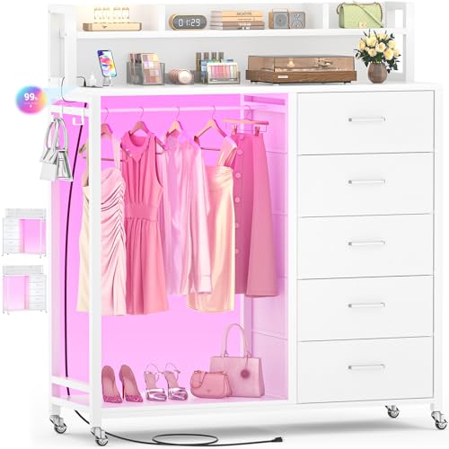 Image of Cyclysio Dresser for Bedroom with Clothes Rack & Shelves, White 5 Drawers Dresser with Charging Station & LED Lights, Chest of Drawers with Lockable Wheels, Storage Shelves, Bedroom, Closet,Entryway