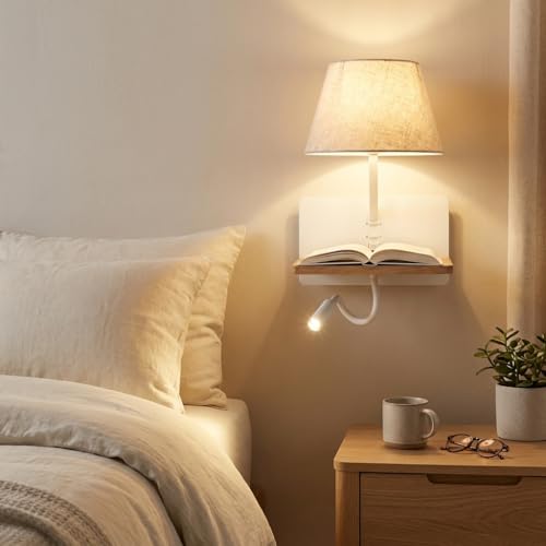 BARCELONA LED applique da parete con paralume in tessuto BEIGE, USB e USB-C ricarica, mensola in legno, luce lettura LED E27, stile naturale retrò industrial moderno minimalista classico camera