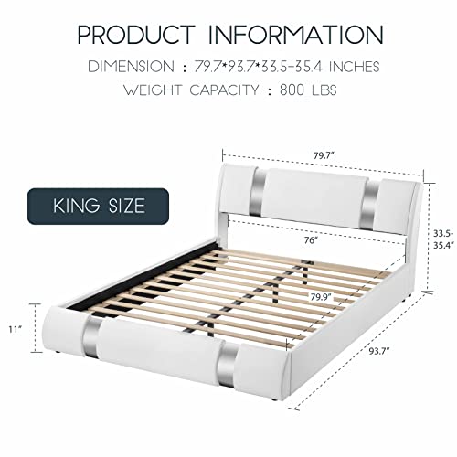 Einfach Low Profile King Platform Bed Frame With Adjustable Headboard/Deluxe Solid Upholstered Modern Bed Without Box Spring/Faux Leather And Strong Wood Slats, All White #TOP1