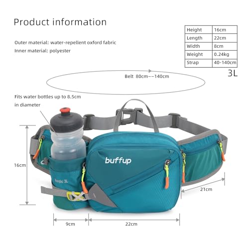 buffup® Bauchtasche mit flaschenhalter,hüfttasche Sport für Outdoor hundetraining Radfahren wandern Laufen,gürteltasche Damen Herren groß (Juwel blau)