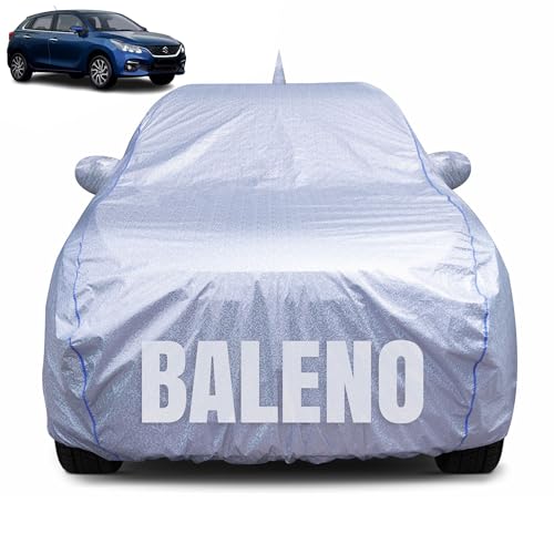 Image of 100% Waterproof Car Body Cover for Maruti Suzuki Baleno (2022-2025) with Mirror Pocket, Heat & UV Resistant, Triple Stitched, Soft Lining, Bottom Elastic & Piping (Silver Reflective)