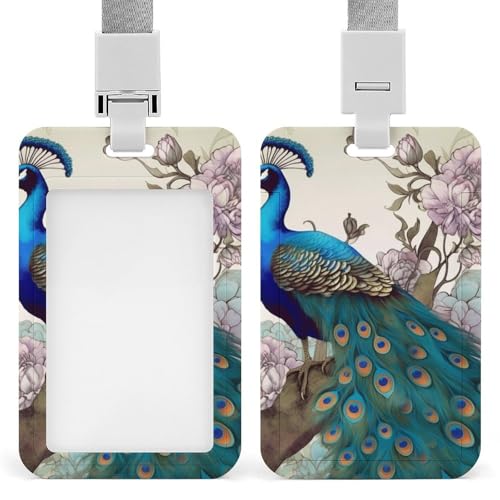 Peacock Floral ID Badge Holder, Vertical Badge Reel Clip with Lanyard, Durable Card Protector for Office, Nurses, Employees, Secure Reel Keychain for Access Passes, Work Cards