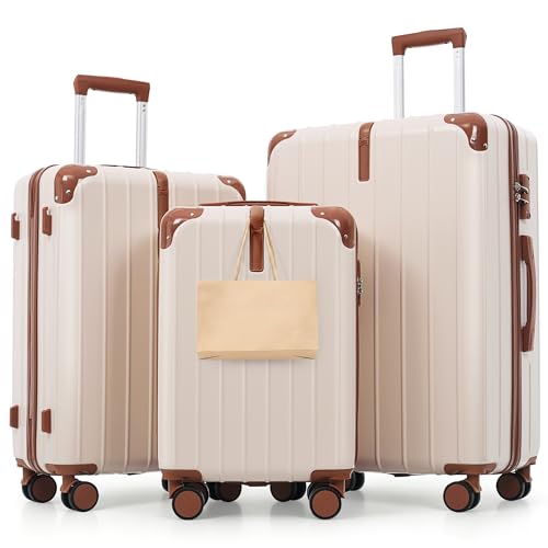 Image of Hardside Luggage Sets, Lightweight Stripes Suitcase with Spinner Wheels, Ivory