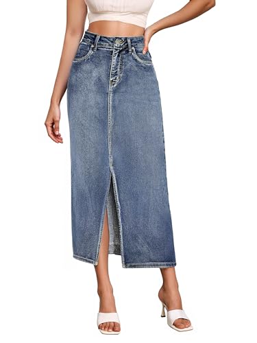 Hybrid & Company Women's Long Denim Skirt – Stretch Jean Skirt for Office and Casual Wear