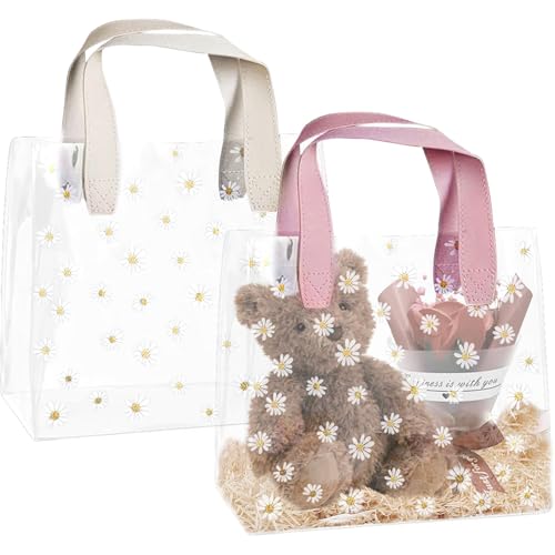 IETWATE 2 Stück Klare Geschenktüten Durchsichtige Tasche mit Griffen PVC Plastik Geschenktüten Transparente Tasche mit Gänseblümchen-Muster für Hochzeit Geburtstag und Party
