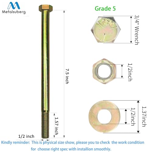 Image of 1 /2 inch x 7-1 /2 inch Hex Head Bolt by Color Galvanization with Nylon Lock nut and Large Size Washer Assortment Kit,Alloy Steel,Grade 5.(4pcs Pack)