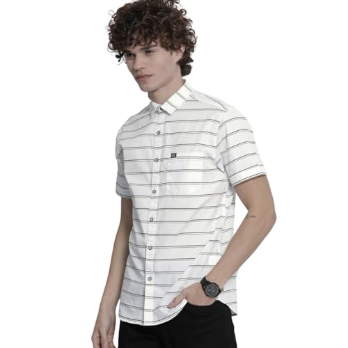 Image of The Indian Garage Co Men Slim Fit Striped Half Sleeves Spread Collar Casual Shirt