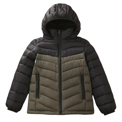 Image of Boys Hooded Lightweight Puffer Jacket Waterproof Kids Winter Coat | Stand-Up collar, elastic hood and cuffs, soft chin guard, inside pocket. Chevron Stitching Secures Fill, windproof shell.