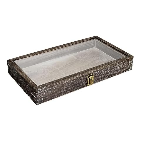 MOOCA Natural Wood Glass Top Jewelry Display Tempered Glass Accessories Storage Box with Metal Clasp, Wooden Jewelry Organizer Tray for Collectibles, Pocket Knife Display Case, Coffee Color Cover