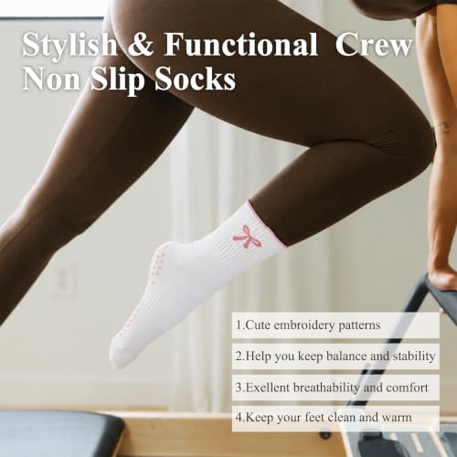 Image of Toes Home Pilates Socks for Women with Non Slip Grippers, Yoga Crew Socks for Barre Hospital Sticky Slipper Socks 4 Pairs