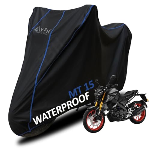 Image of Bike Body Cover MT 15 Full Body Cover with Waterproof, Dust Proof, UV Rays Protective, Tripple Stitching & Lightweight Two Wheeler Covers - Black with Waterproof Blue Piping