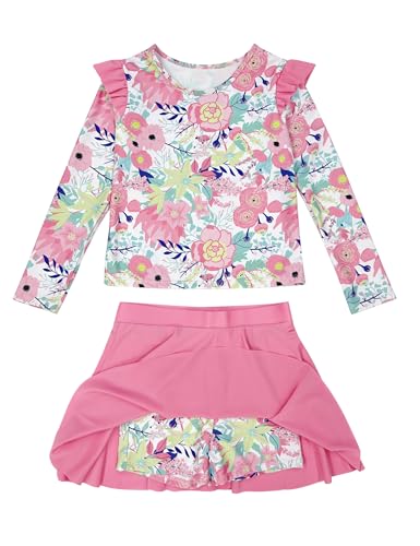 Image of Girls Rash Guard Swimsuit Set Long Sleeve 2 Pieces Bathing Suit Swimming Skirt with Shorts 4-13Y