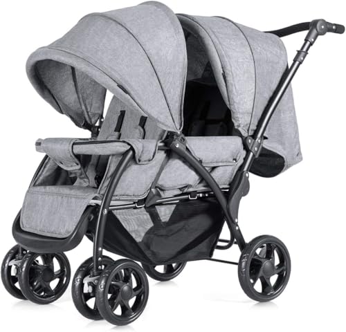 GYMAX Double Seat Stroller with Adjustable Push Handle Detachable Canopy and Foot Rest Foldable Baby Pushchair Buggy for Traveling Going Shopping & Hanging Out (Grey)