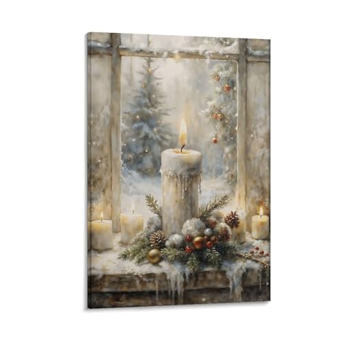 FUCMI Christmas Candle Still Life Winter Wall Art Print Warm Tone Vintage Vintage Wall Decoration Famous Oil Paintings for Living Room Classic Artwork Pictures Home Decor Framed 16x24inch