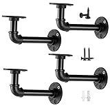 Industrial Pipe Shelf Brackets for 8 10 12 14 inches Board, Iron L Pipe Floating Shelf Bracket Heavy Duty Metal Shelving Brackets for Shelves- 4 Pack Black