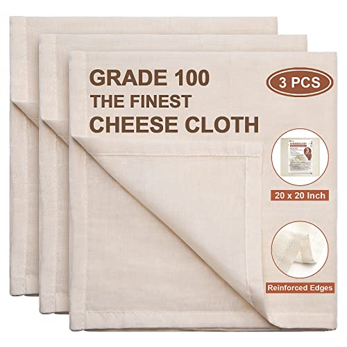eFond Cheesecloth, Precut 20x20Inch, Grade 100 Hemmed Cheese Cloths for Cooking Reusable and Washable, 100% Unbleached Pure Cotton Muslin Cloths for Straining Butter, Fruit, Nut Milk (3 Pieces)