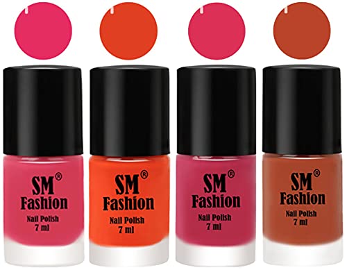 Image of Nail Polish Combo Set (Pack of 4) Quick Dry Gel Finish Nail Paint | Dark Rose Pink,Reddish Orange,Dusty Pink,Light Coral | 7 ml Each