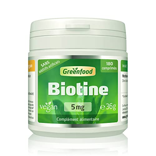 Greenfood Biotine, 5 mg, dose élevée, 180 comprimés, vegan - pour le maintien de la peau normale et les cheveux. SANS additifs artificiels. Sans OGM.