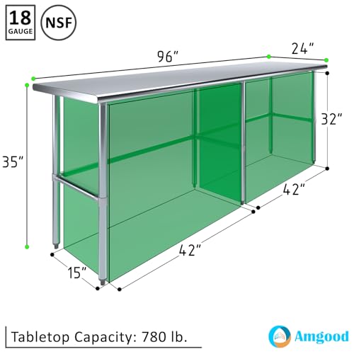 Image of AmGood Stainless Steel Work Table Open Base | Metal Work Bench (Stainless Steel Table Open Base, 96 inch Long x 24 inch Deep)
